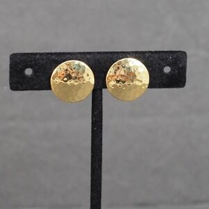 Monet Clip On Earrings Gold Tone Hammered Button Disc Statement Signed Vintage